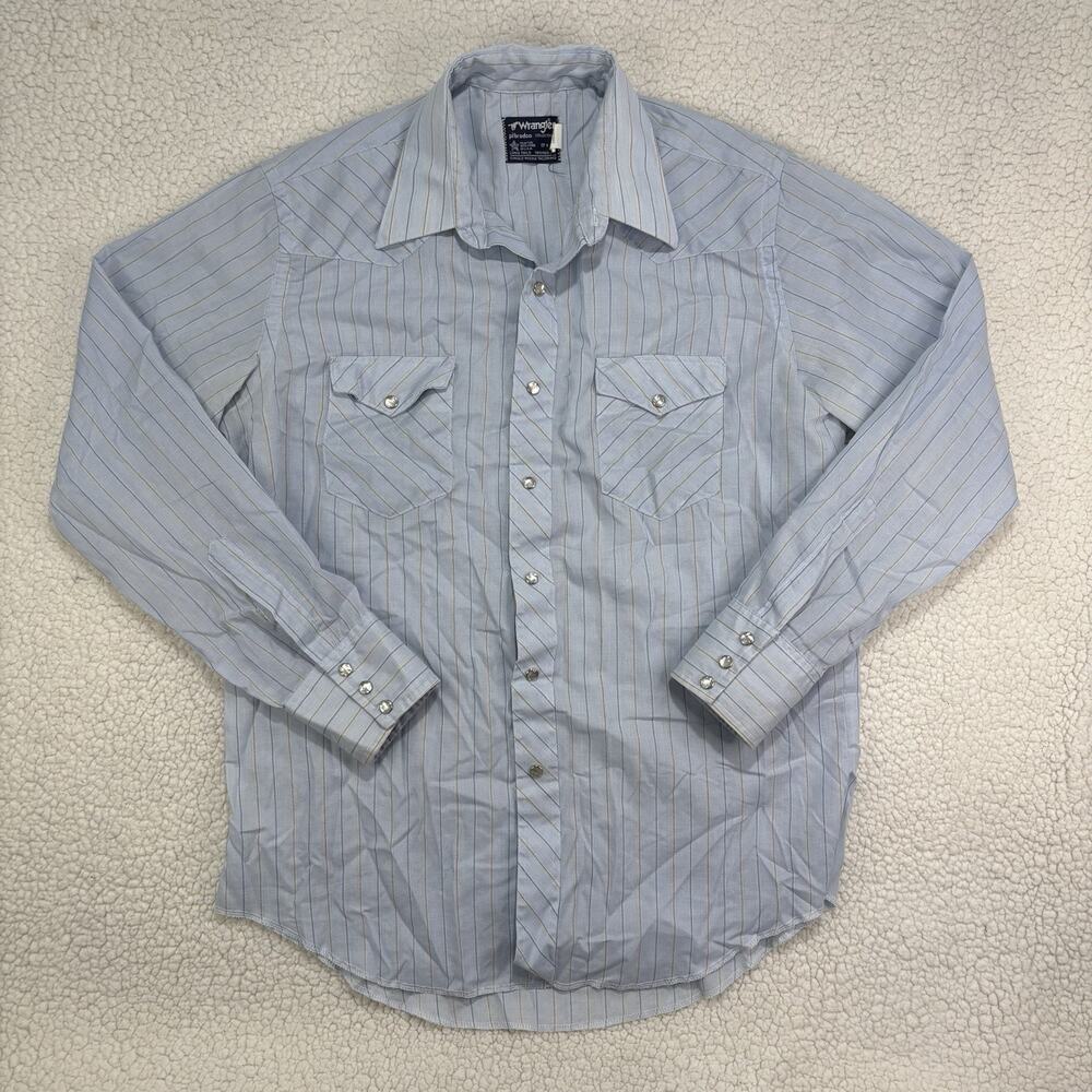 Vtg Wrangler Pro Rodeo Pearl Snap Shirt 17 x 35 Blue Long Tail Tapered Fit USA